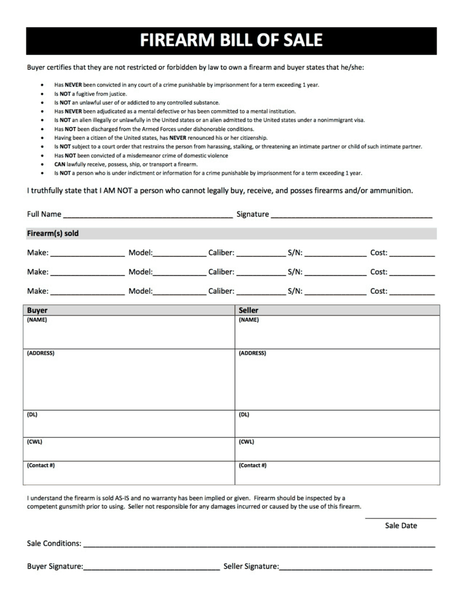 5+ Firearm Bill of Sale Templates Word Excel Templates