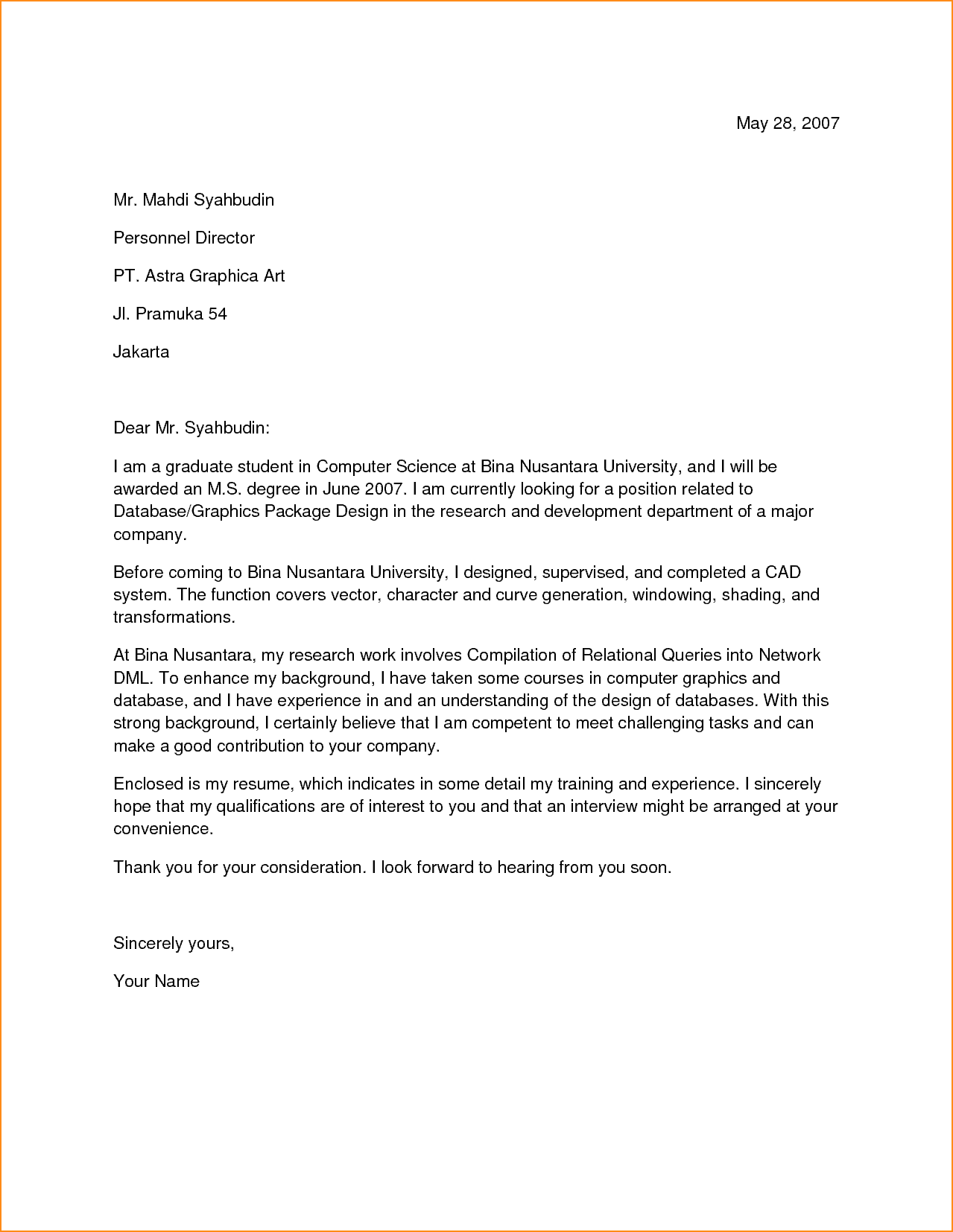 application letter to internship